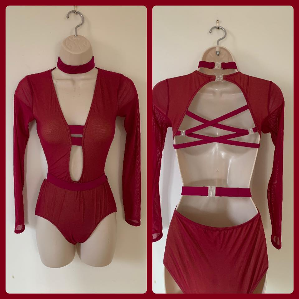 Mesh Long Sleeved Leotard with Neckband and Belt