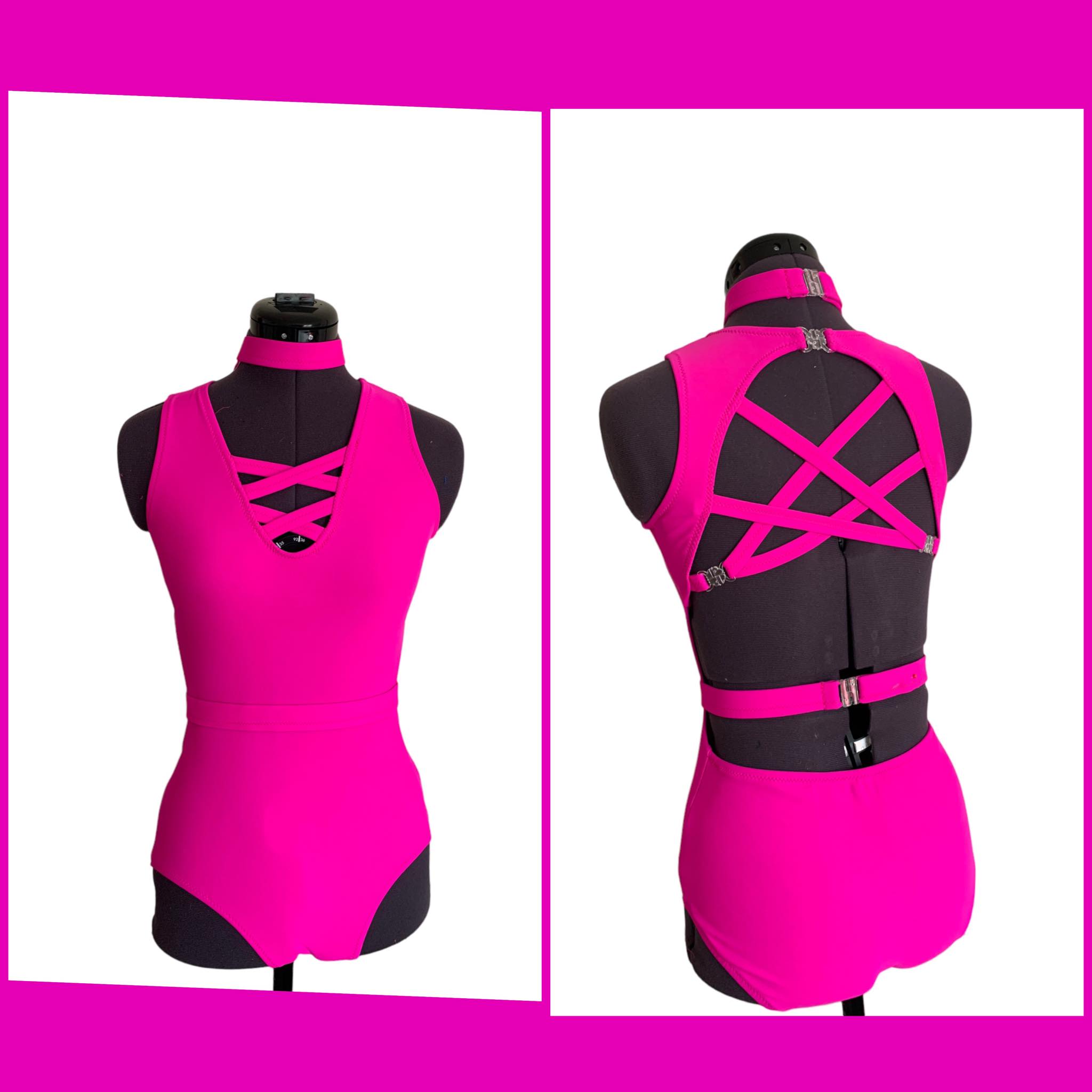 Fully lined lycra leotard with strap detail, includes neckband and belt