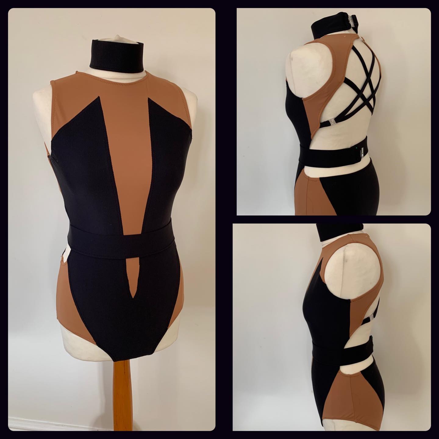 Nude leotard with contrast panels includes belt and neckband