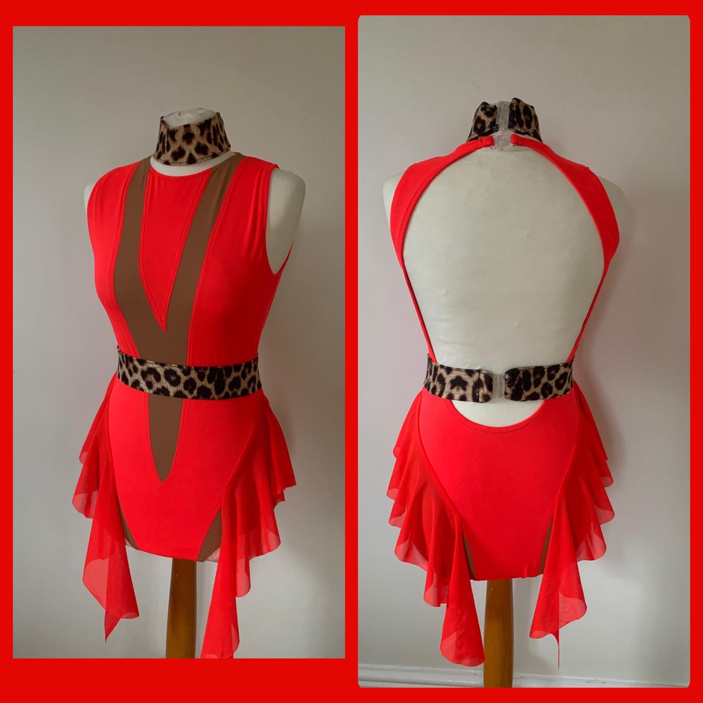 Leotard with tan inserts and frills to the hip line, includes belt and neckband