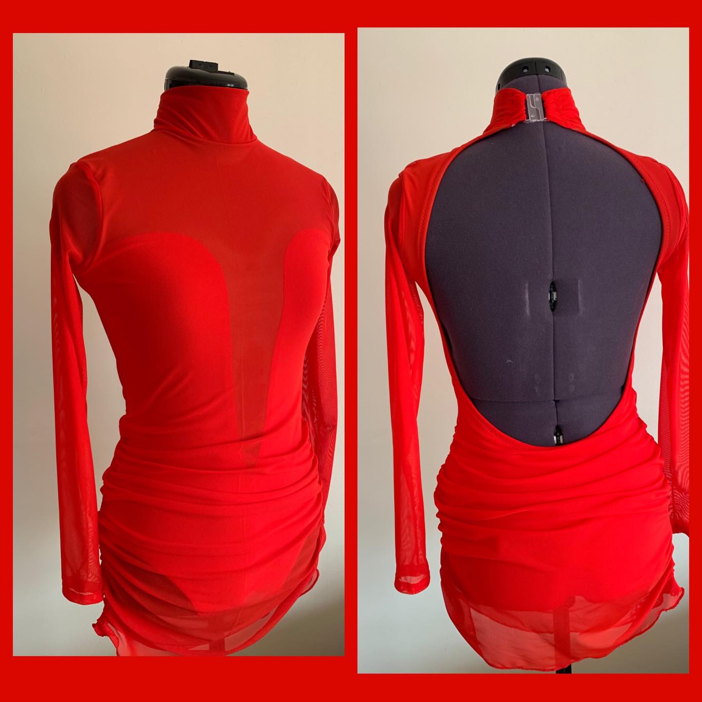 Open back leotard with shaped panels and mesh overlay dress with ruched sides