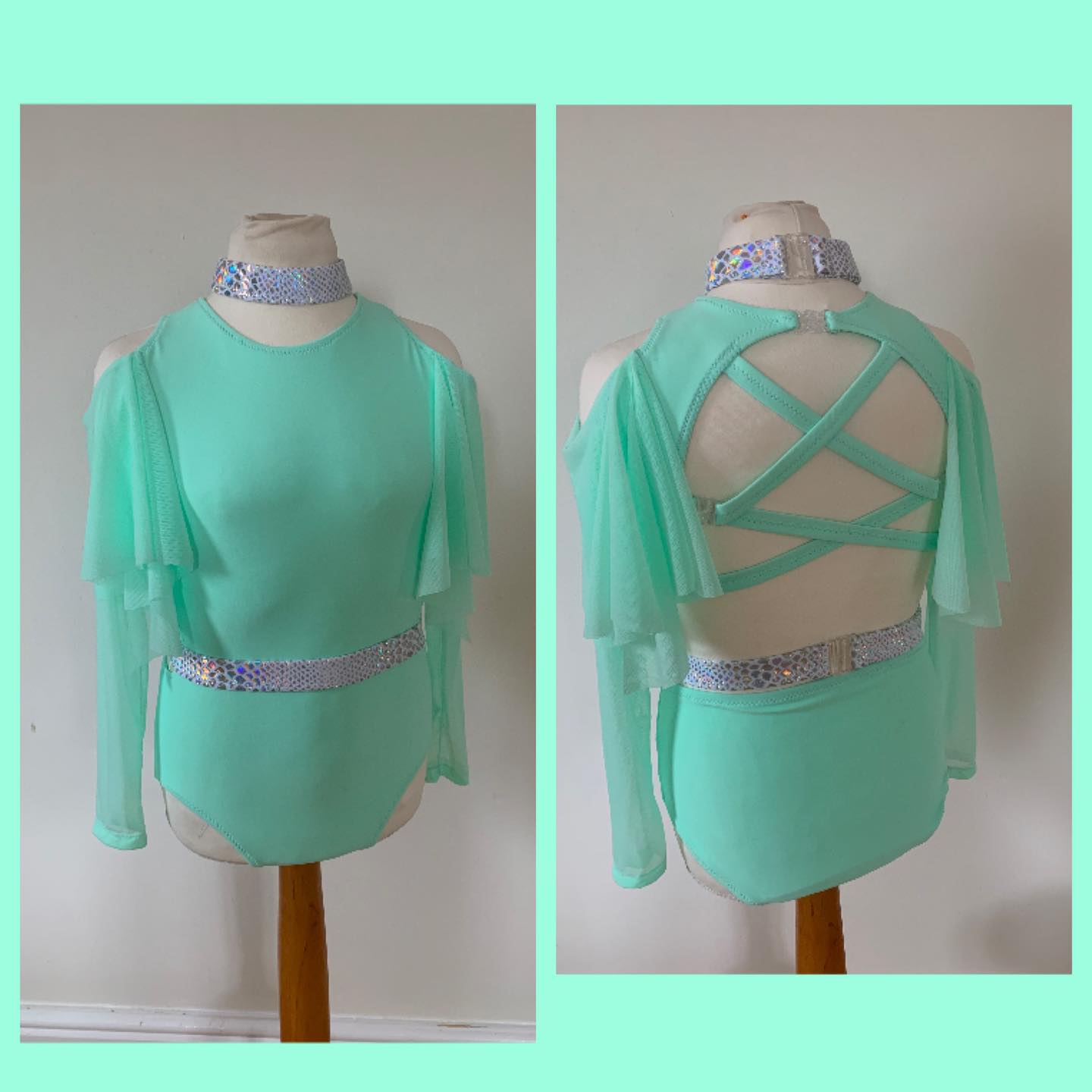 Lycra suit with mesh sleeves and shoulder drapes, metallic belt and neckband