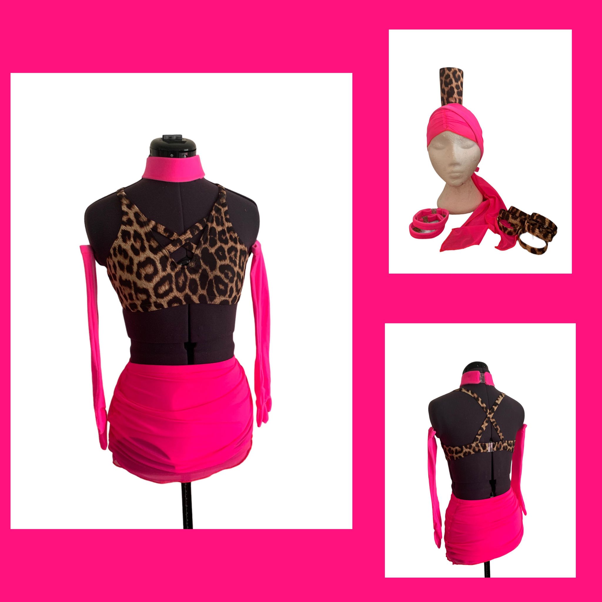 Ready to post pink and leopard print suit approx size 6/8 includes accessories