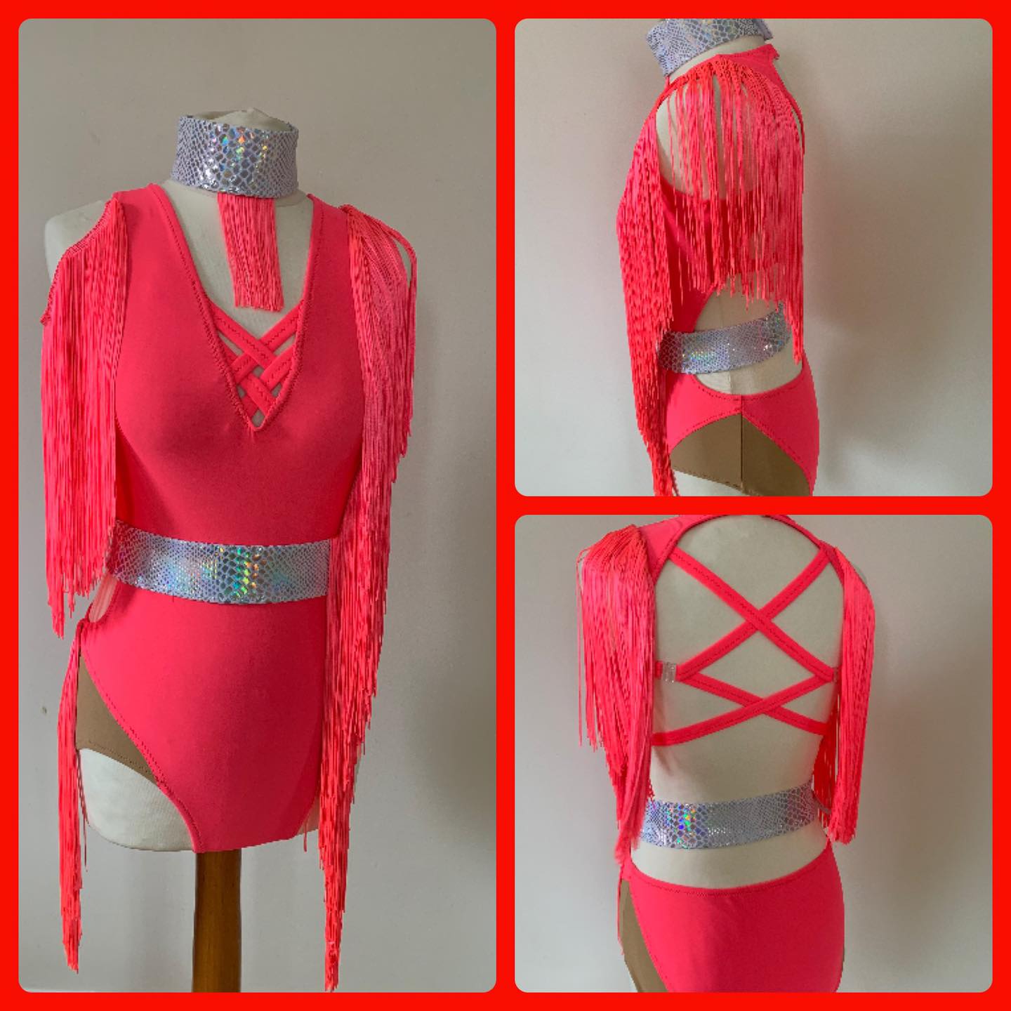 Lycra suit with criss cross straps, fringe and metallic belt and neck band